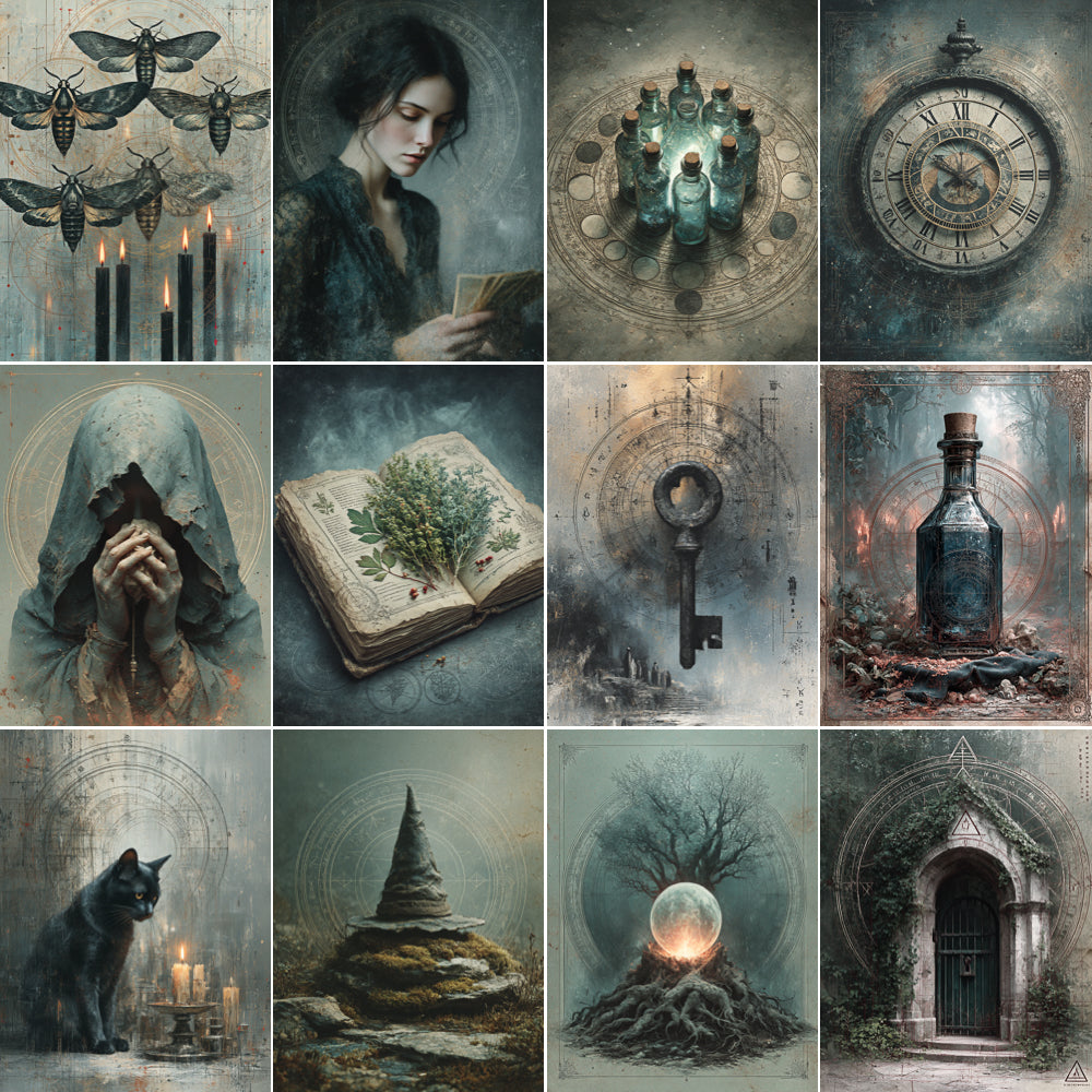 Collage of dark, mystical, and fantasy-themed illustrations.