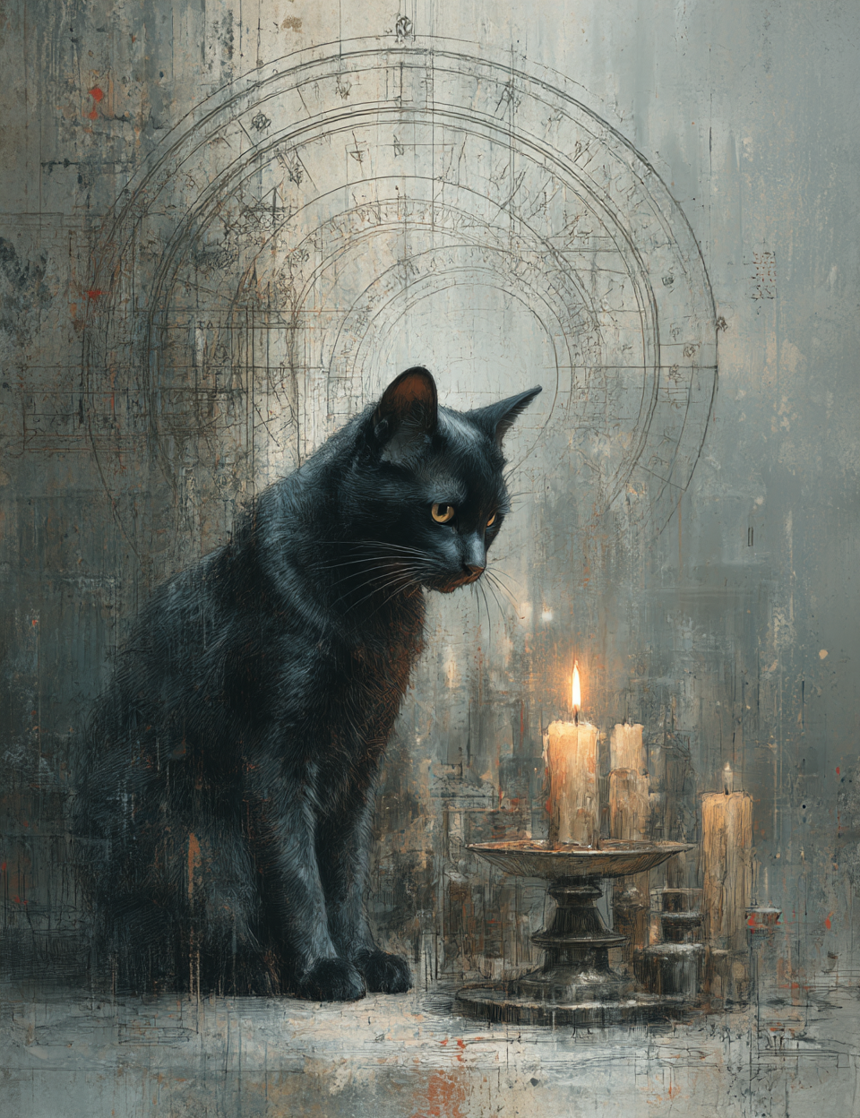 Black cat sitting near candles with an intricate circular design in the background