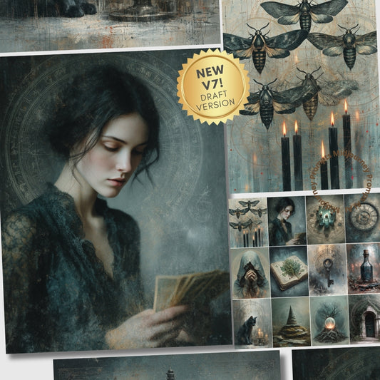 Collage of a woman reading a book with vintage elements and a 'NEW V7! DRAFT VERSION' badge.