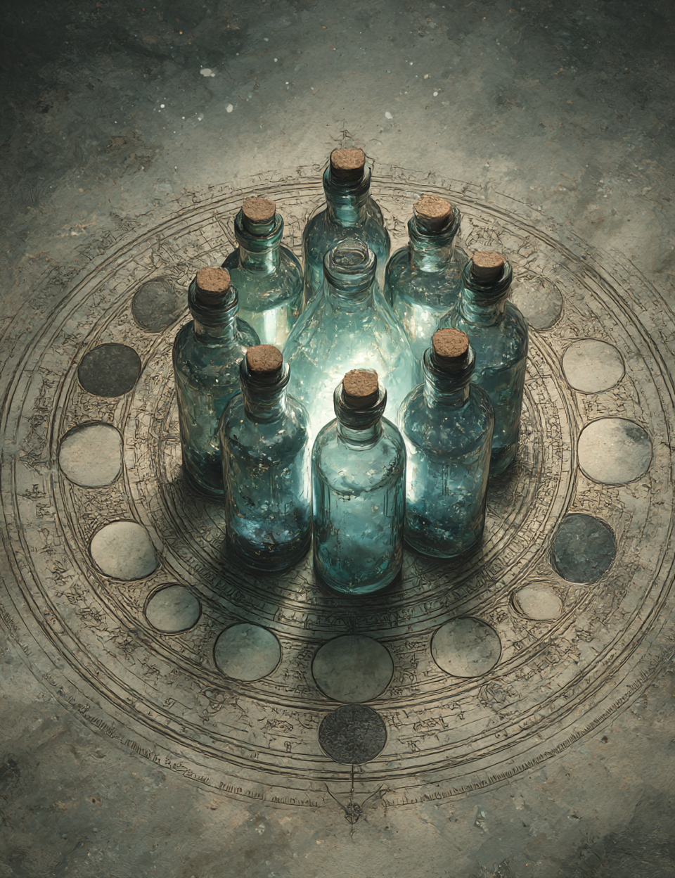 Collection of blue glass bottles with cork stoppers arranged in a circular pattern on a stone surface.