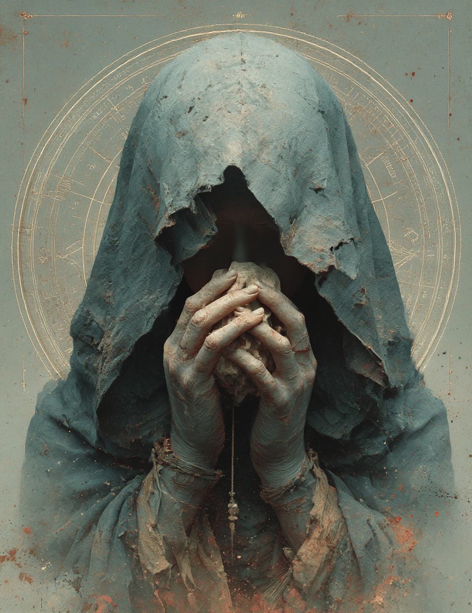 Figure in a hooded garment with hands covering face against a circular design background