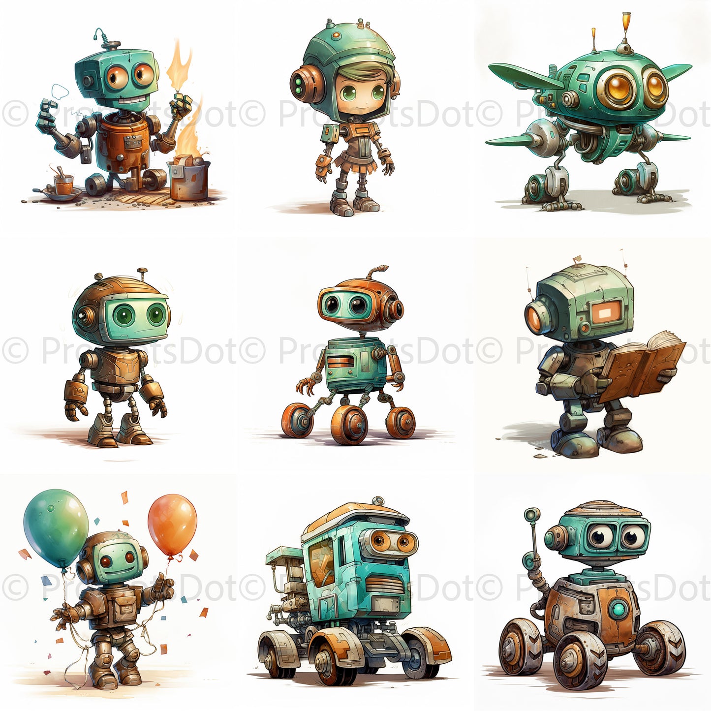 Robots Illustrations Watercolors Cliparts Midjourney Prompt Commercial Use