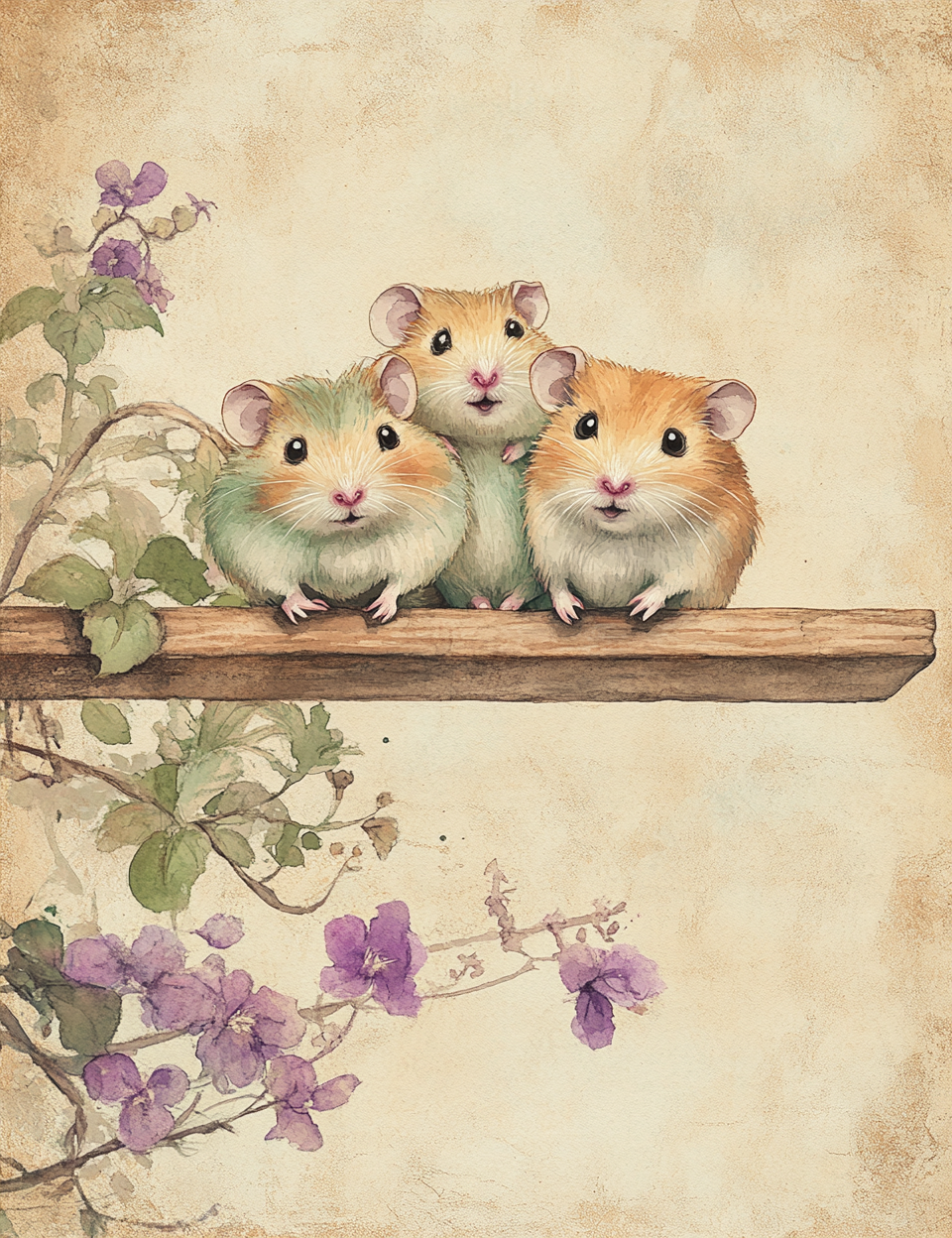 Three cute hamsters on a shelf junk journal 