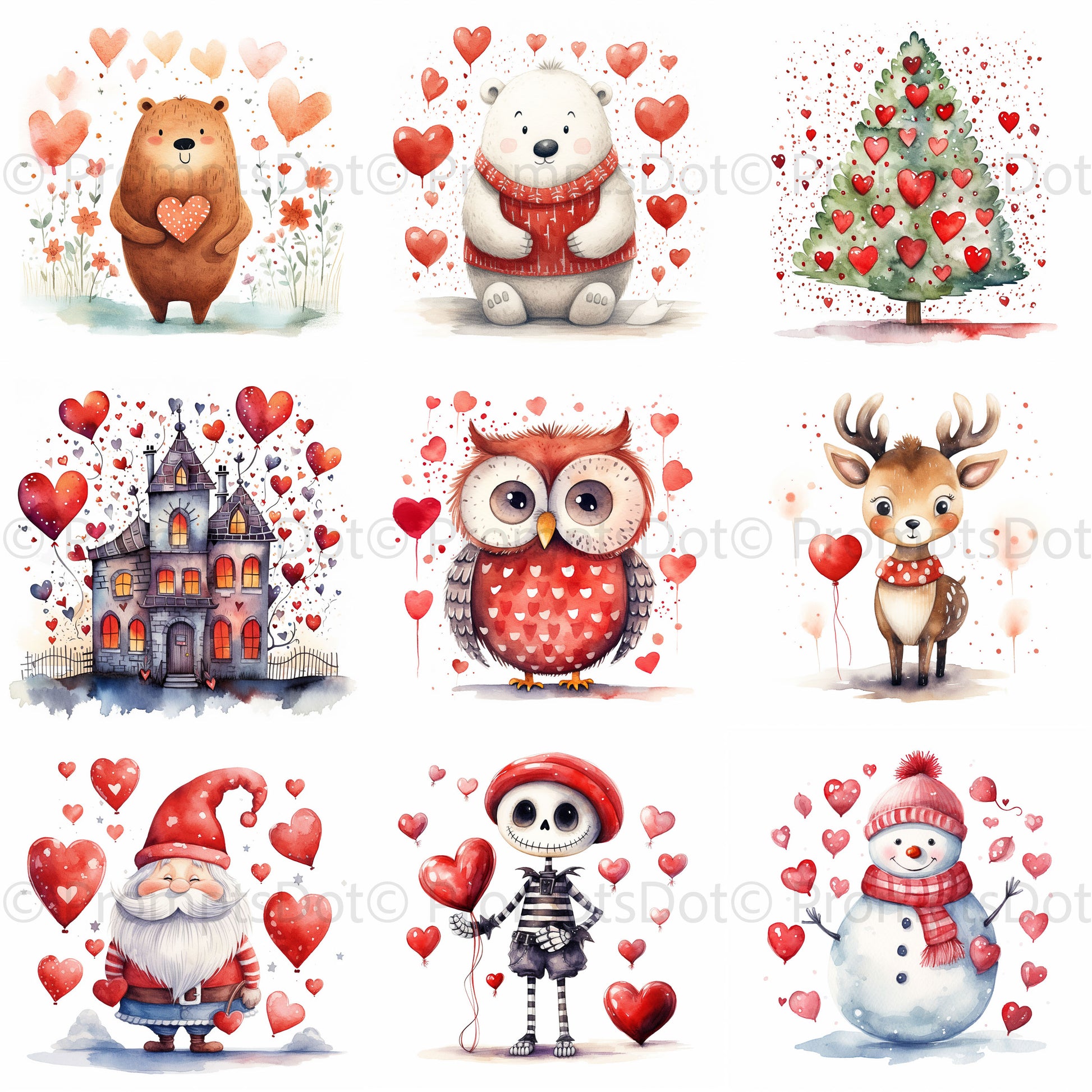 Romantic Christmas Watercolors With Hearts Digital Art and Midjourney Prompt Commercial Use