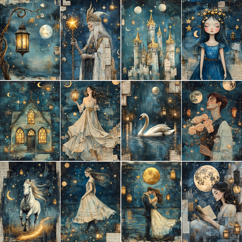 Collage of artistic illustrations featuring fantasy elements such as castles, moons, and magical creatures.