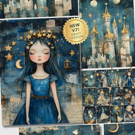 Fantasy artwork of a girl in a blue dress with stars and a castle in the background, featuring a 'NEW V7! DRAFT VERSION' badge.
