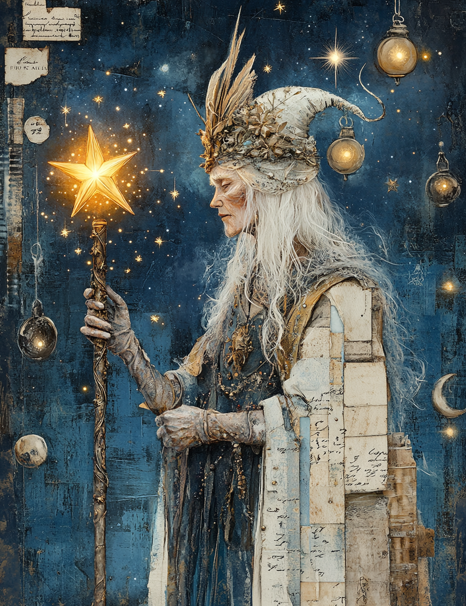 Elven wizard with long white hair and beard, holding a glowing staff against a starry night sky.