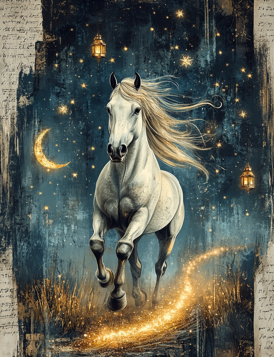 White horse running on a path with glowing lights and stars in the night sky.