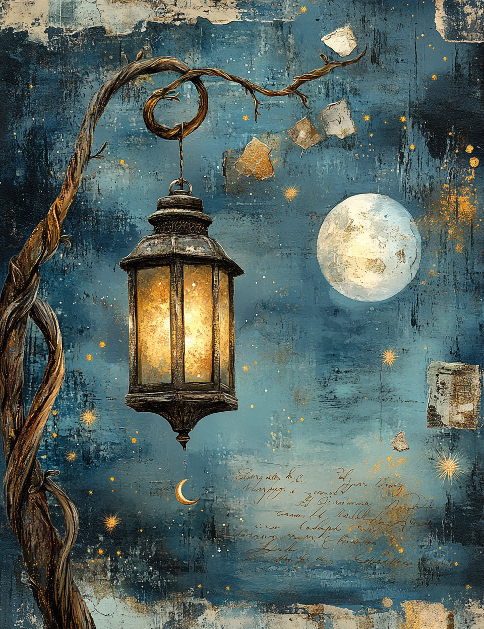 Decorative lantern with moon and stars on a textured blue background