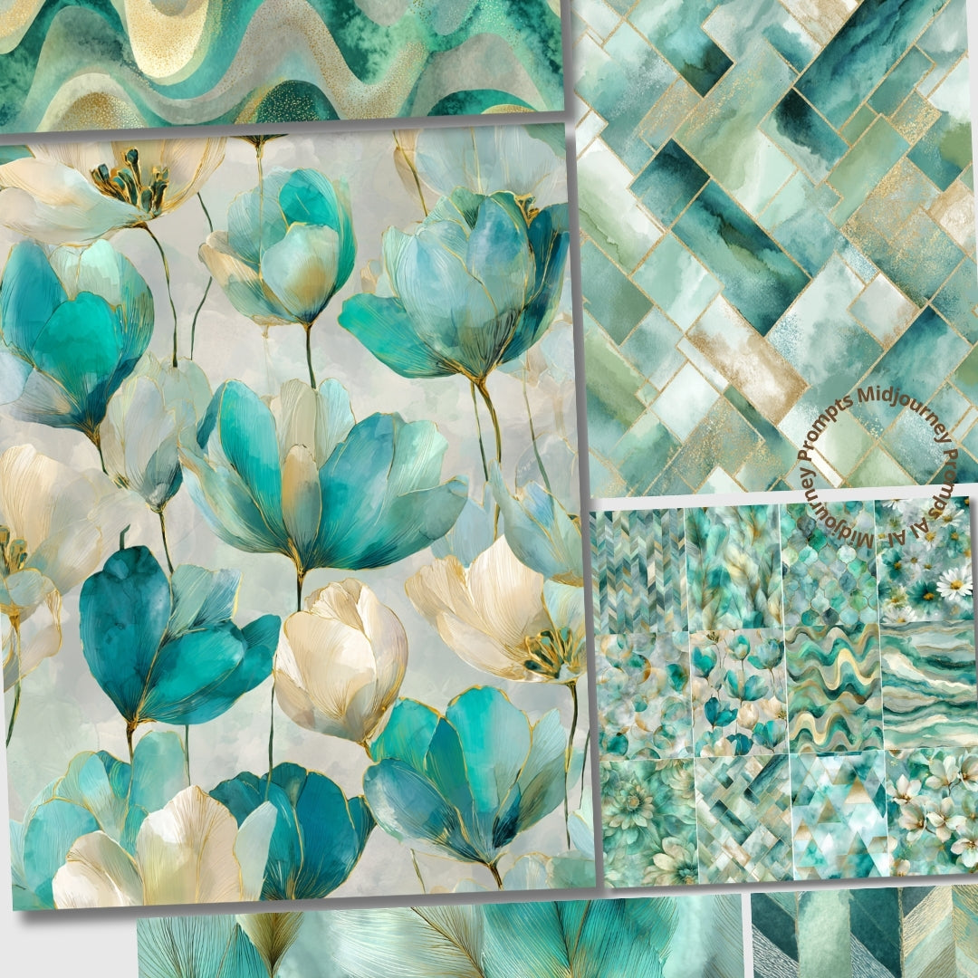 Collage of teal and white floral patterns with geometric designs.