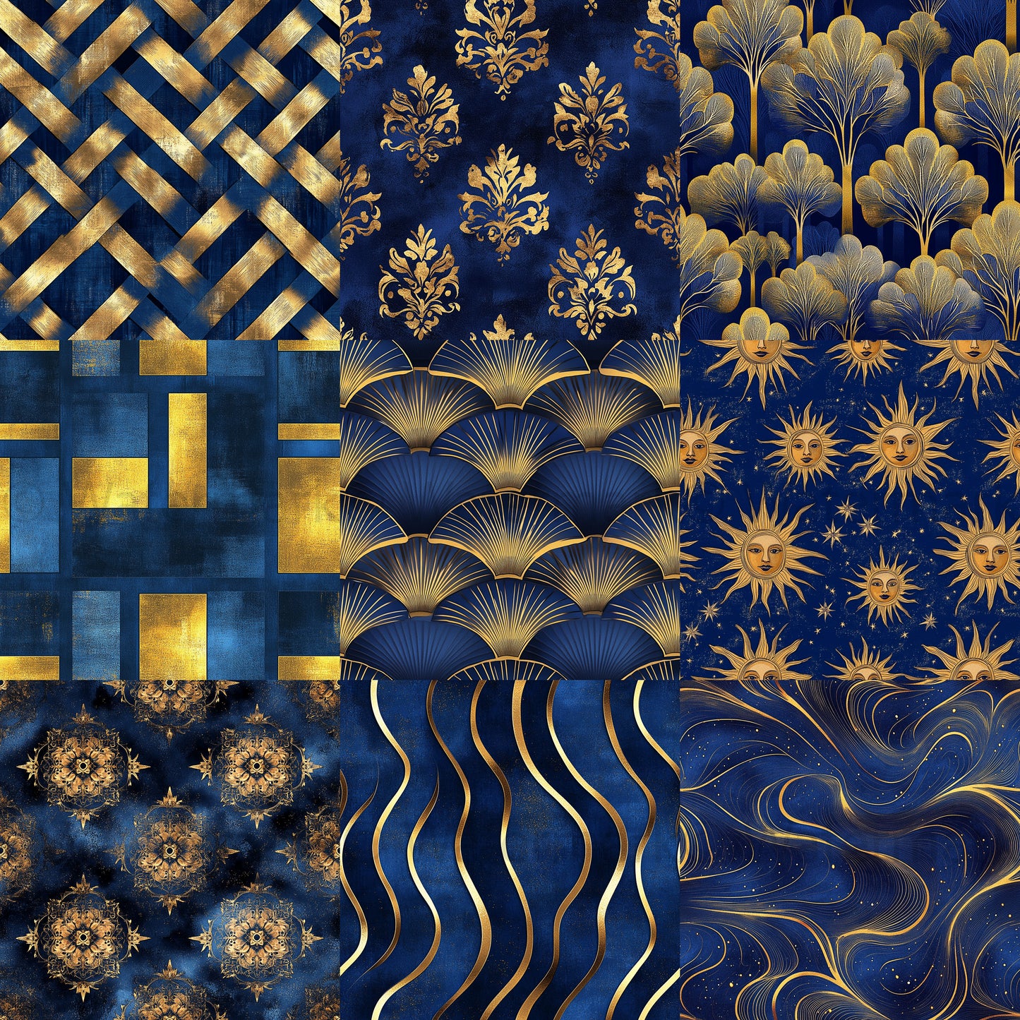 Midjourney Prompts For Royal Blue and Gold Abstract Seamless Papers