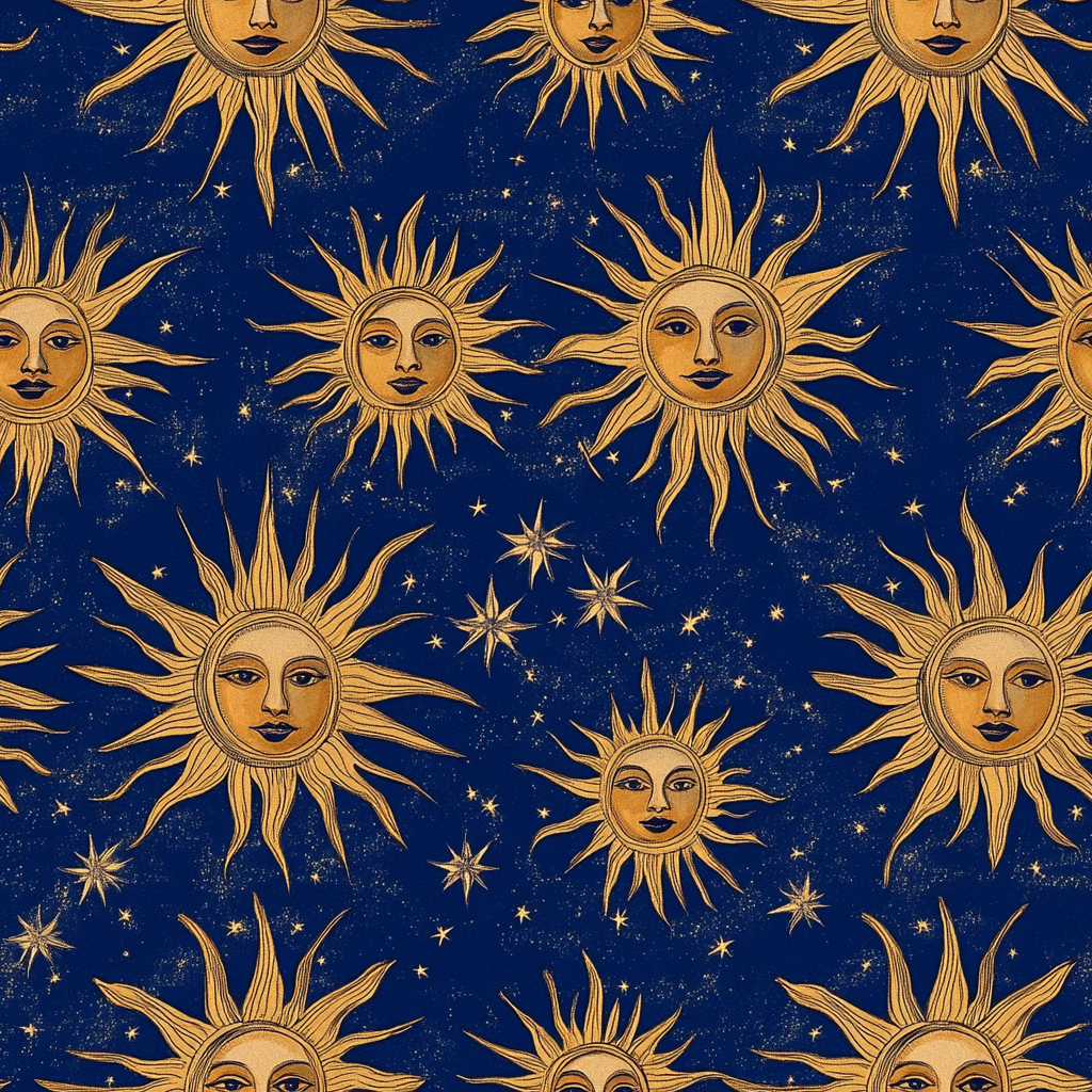 sun with faces Midjourney Prompts For Royal Blue and Gold Abstract Seamless Papers