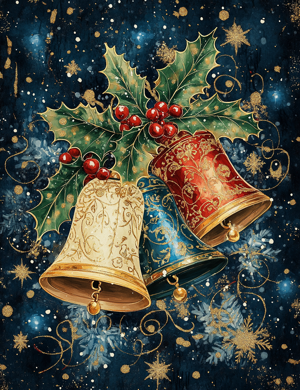 Decorative illustration of Christmas bells and holly leaves on a dark blue background with snowflakes.