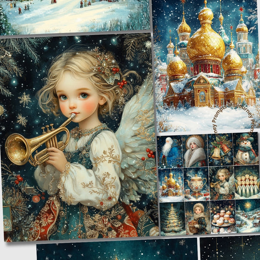 Collage of a angel playing a trumpet, a snowy cathedral, and Christmas-themed images.