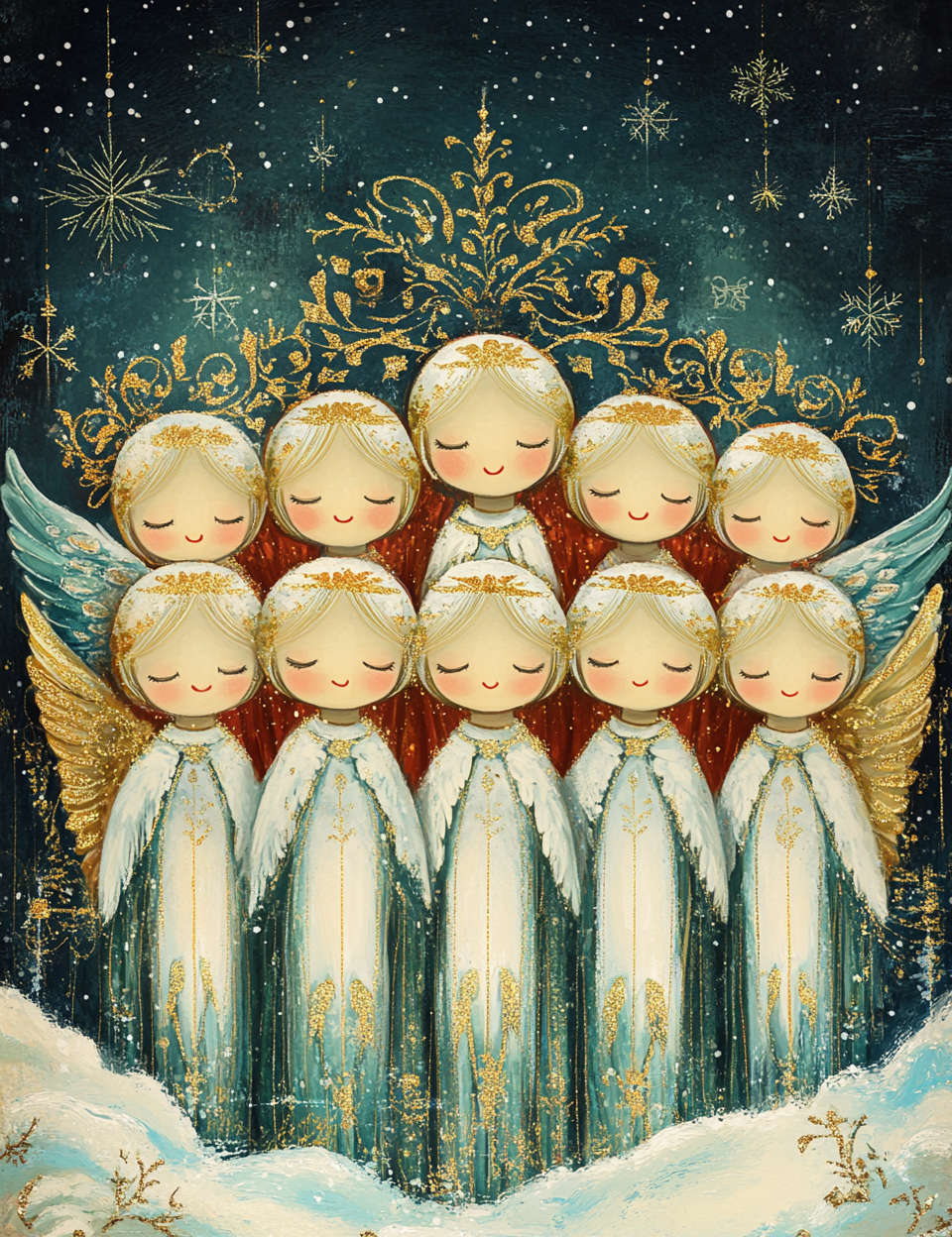 Illustration of nine angelic figures in a snowy landscape with decorative elements.