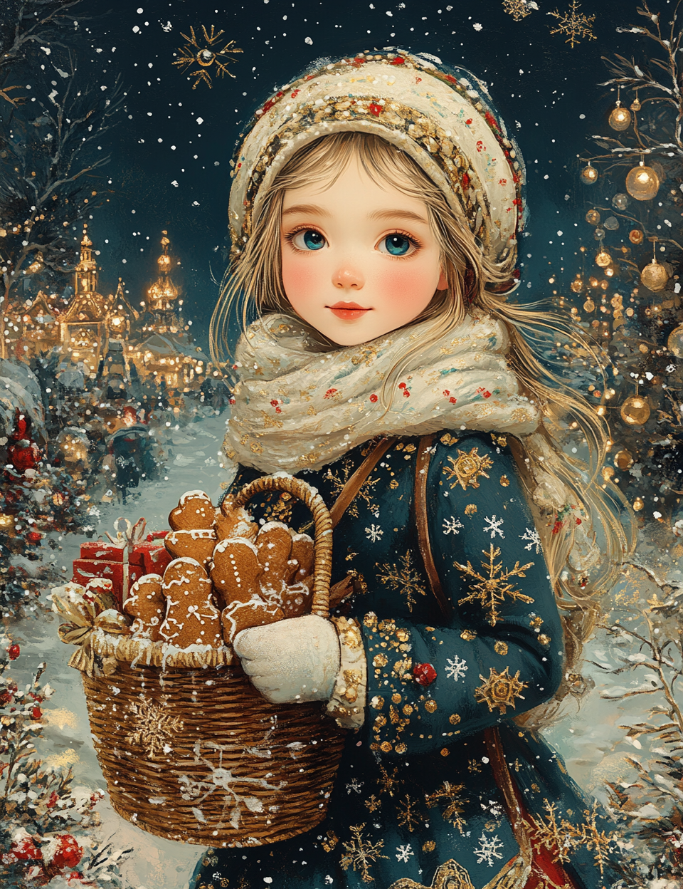 Illustration of a girl in winter clothing with a basket of cookies and presents, set against a festive background.