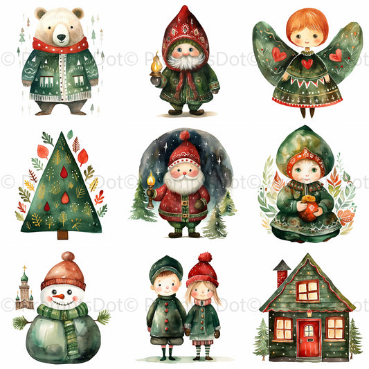 Russian Christmas Watercolor Clipart Art Digital Art and Midjourney Prompt Commercial Use