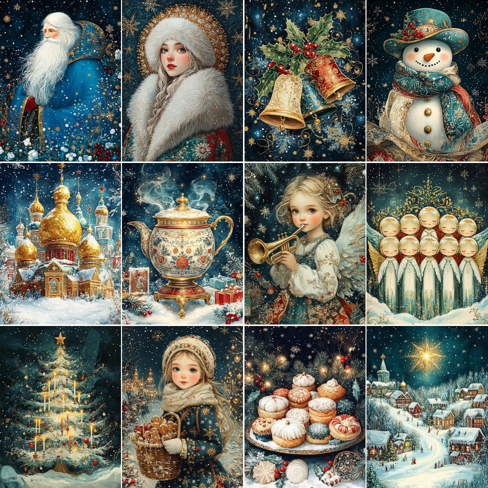 Collage of festive illustrations including Santa Claus, snowmen, Christmas trees, and snowy landscapes.