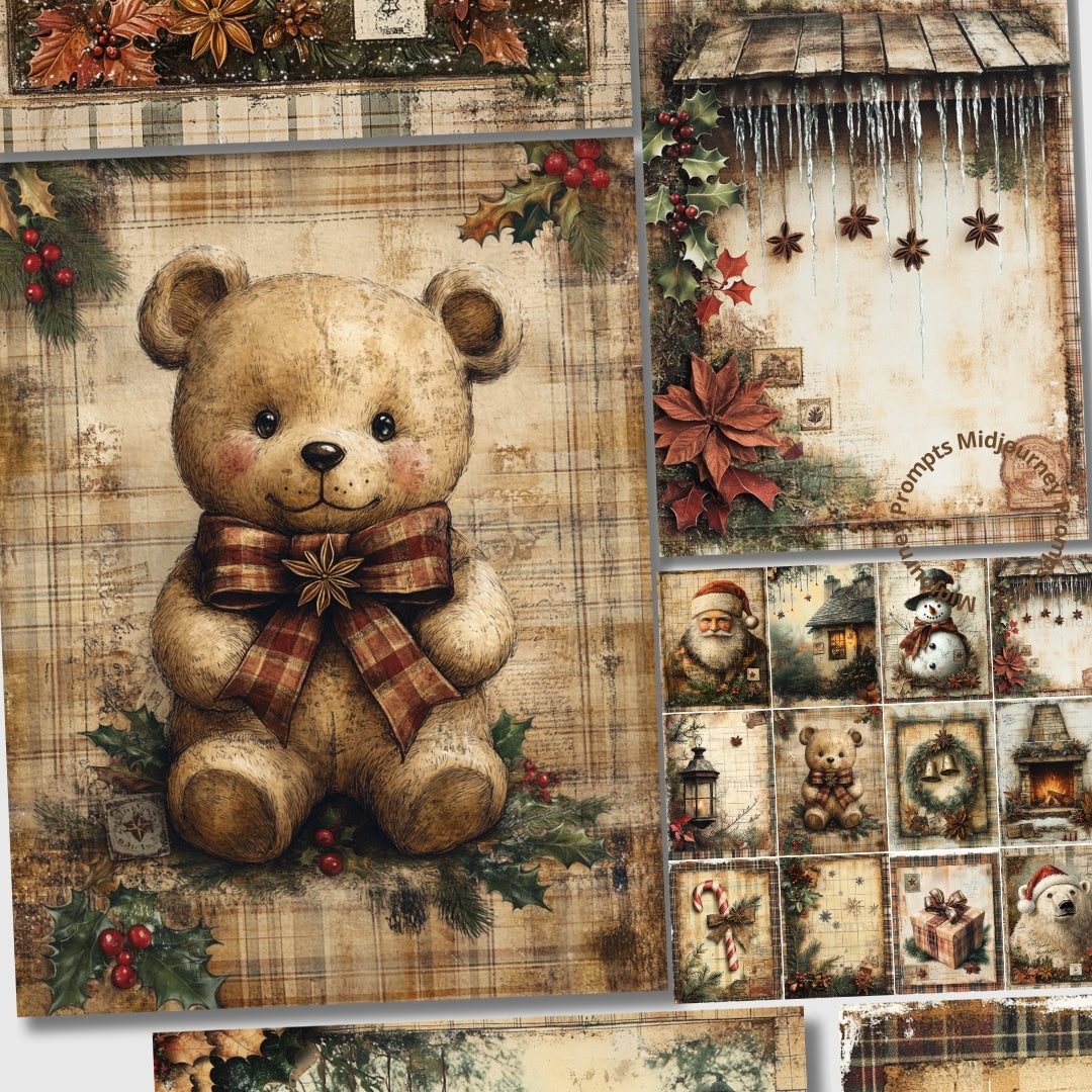 Midjourney Guide Prompts for Rustic Plaid Vintage Christmas Ephemera