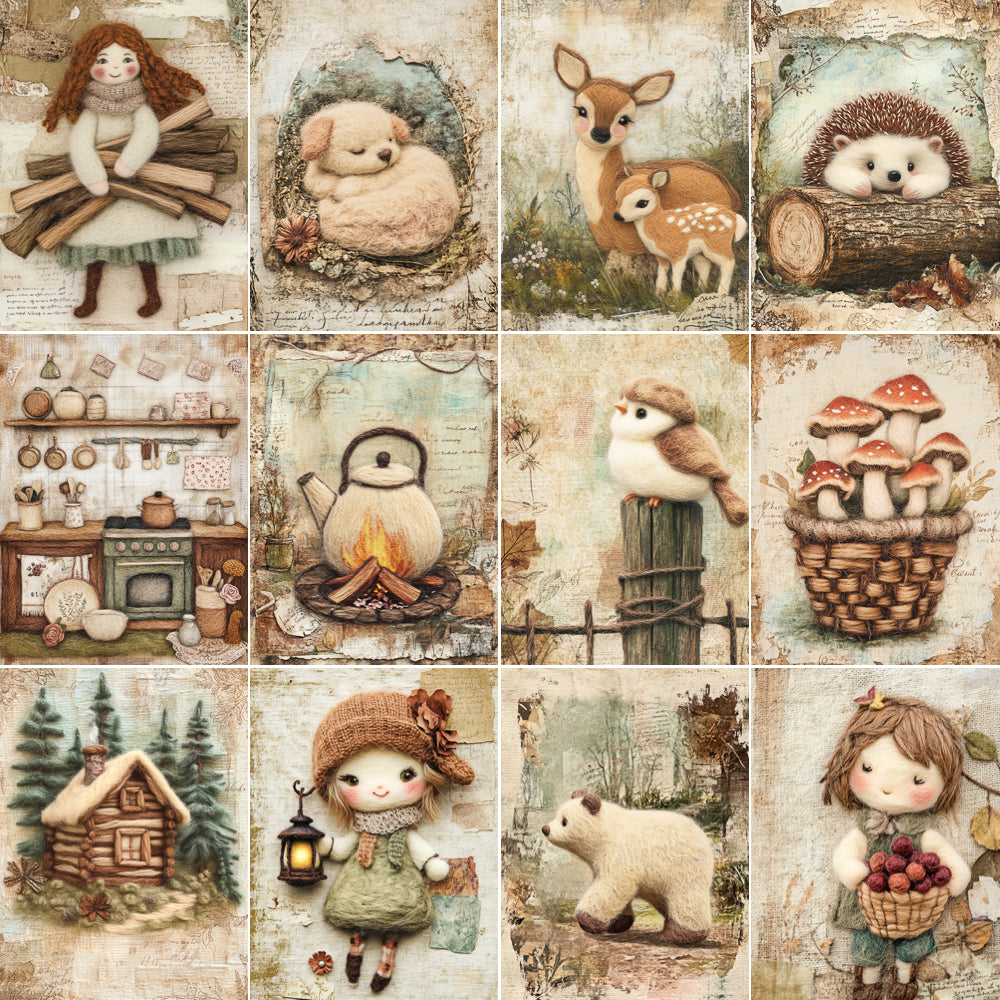 Collage of various illustrations including a girl with wood, a bear with a teddy bear, deer with fawn, hedgehog, kitchen scene, teapot by fire, bird, mushroom basket, log cabin, bear, and girl with berries.