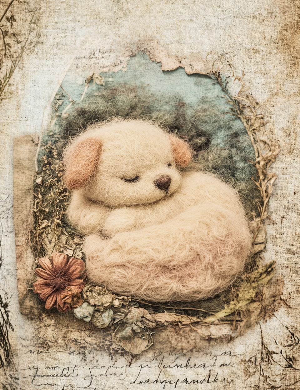 Sleeping puppy in a nest with flowers on a textured background