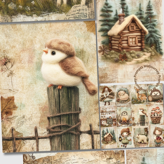 Collage of a bird on a fence, log cabin, and other rustic elements with a vintage feel.