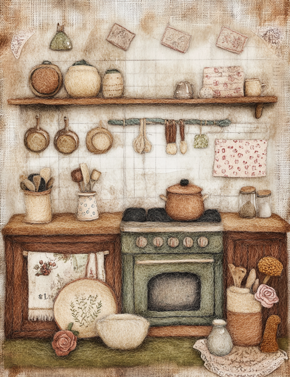 Illustration of a rustic kitchen with wooden shelves, pots, pans, and an oven.