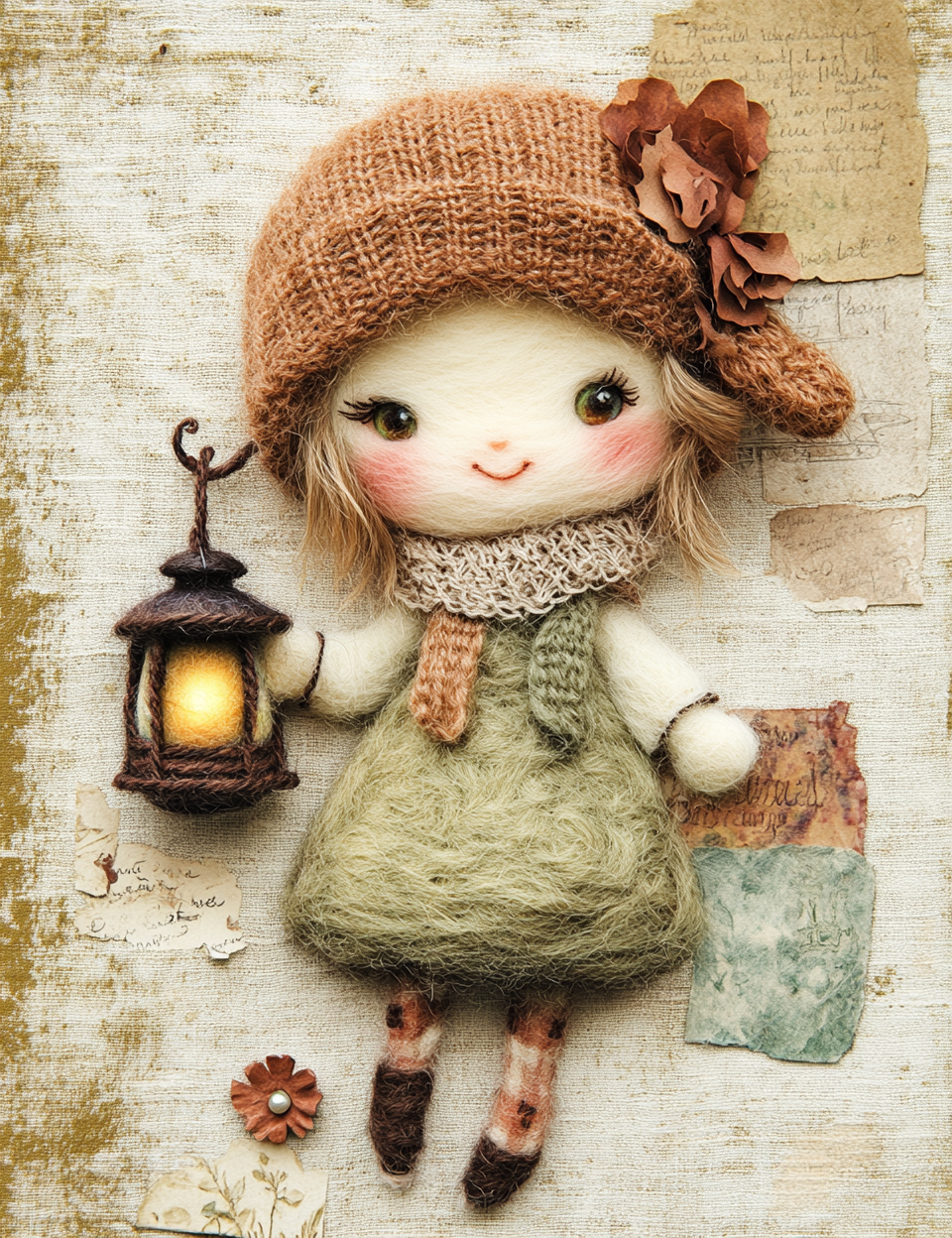 Small doll with a knitted hat and lantern on a textured background