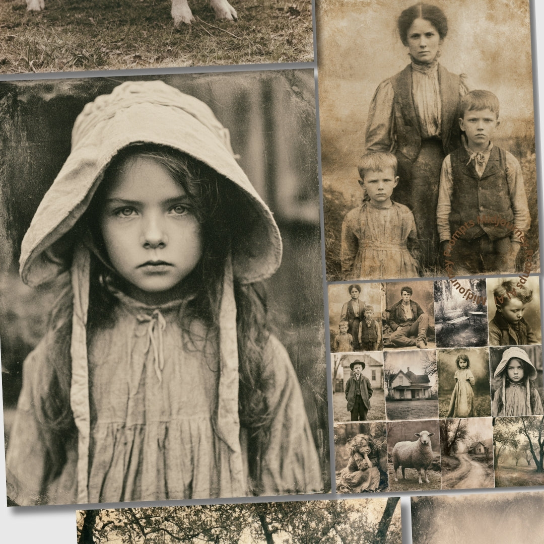 Collage of vintage black and white photographs featuring children and landscapes.