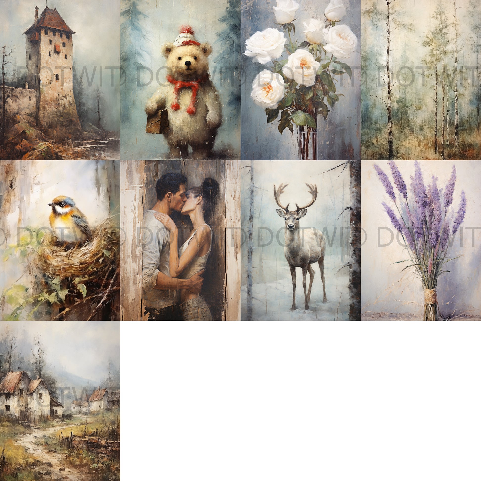 a grid of nine Rustic Oil Painting Ephemera Digital Art and Midjourney Prompt Commercial Use