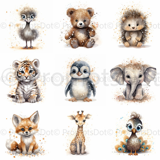 Midjourney Prompt Safari Baby Jungle Animals Watercolors Commercial Use Collection of nine animals