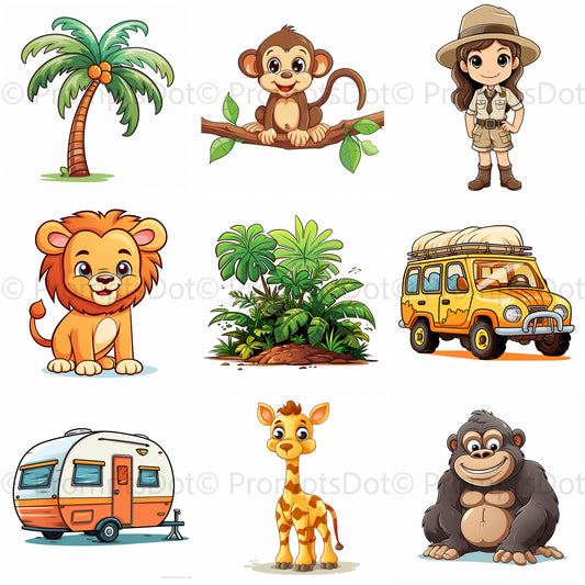 Safari Icons Animals Watercolor Clipart Midjourney Prompt Commercial Use