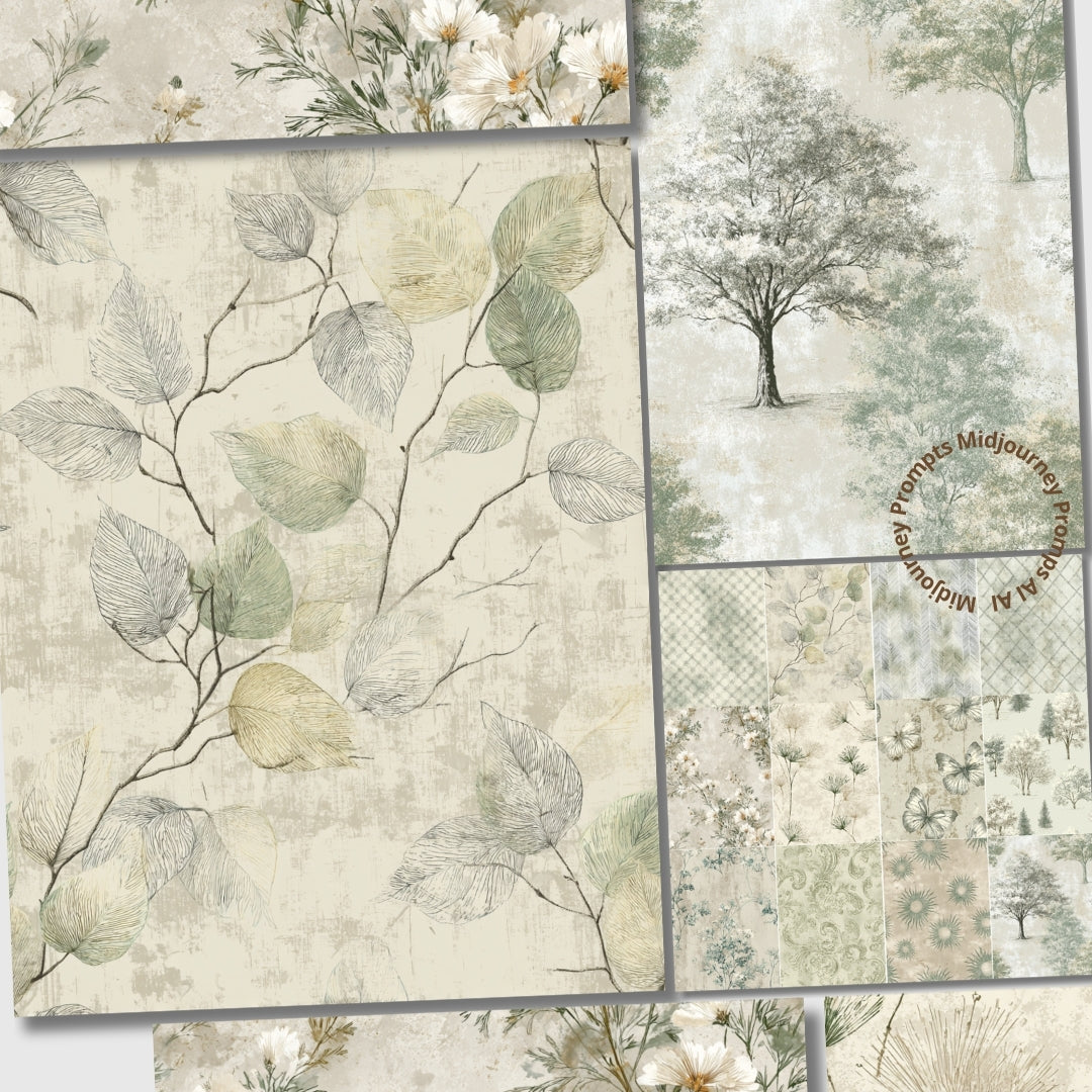 Collection of nature-themed paper sheets with floral and leaf patterns.