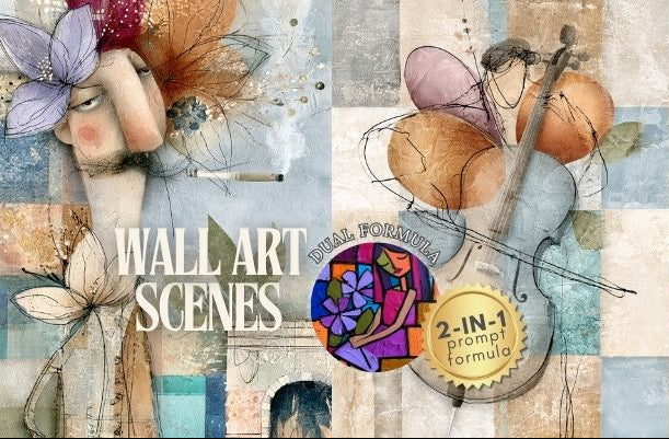 A collage-style wall art design featuring illustrated women, butterflies, flowers, a violin, stained-glass-like circular artwork, and the text 'WALL ART SCENES' with a badge reading '2-IN-1 prompt formula'. This is not a photo of a physical product in a studio or lifestyle setting; it appears to be a digital preview/cover for art or print content, so subject_type is Other.