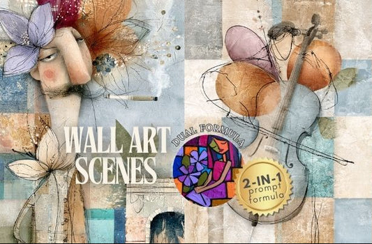 A collage-style wall art design featuring illustrated women, butterflies, flowers, a violin, stained-glass-like circular artwork, and the text 'WALL ART SCENES' with a badge reading '2-IN-1 prompt formula'. This is not a photo of a physical product in a studio or lifestyle setting; it appears to be a digital preview/cover for art or print content, so subject_type is Other.