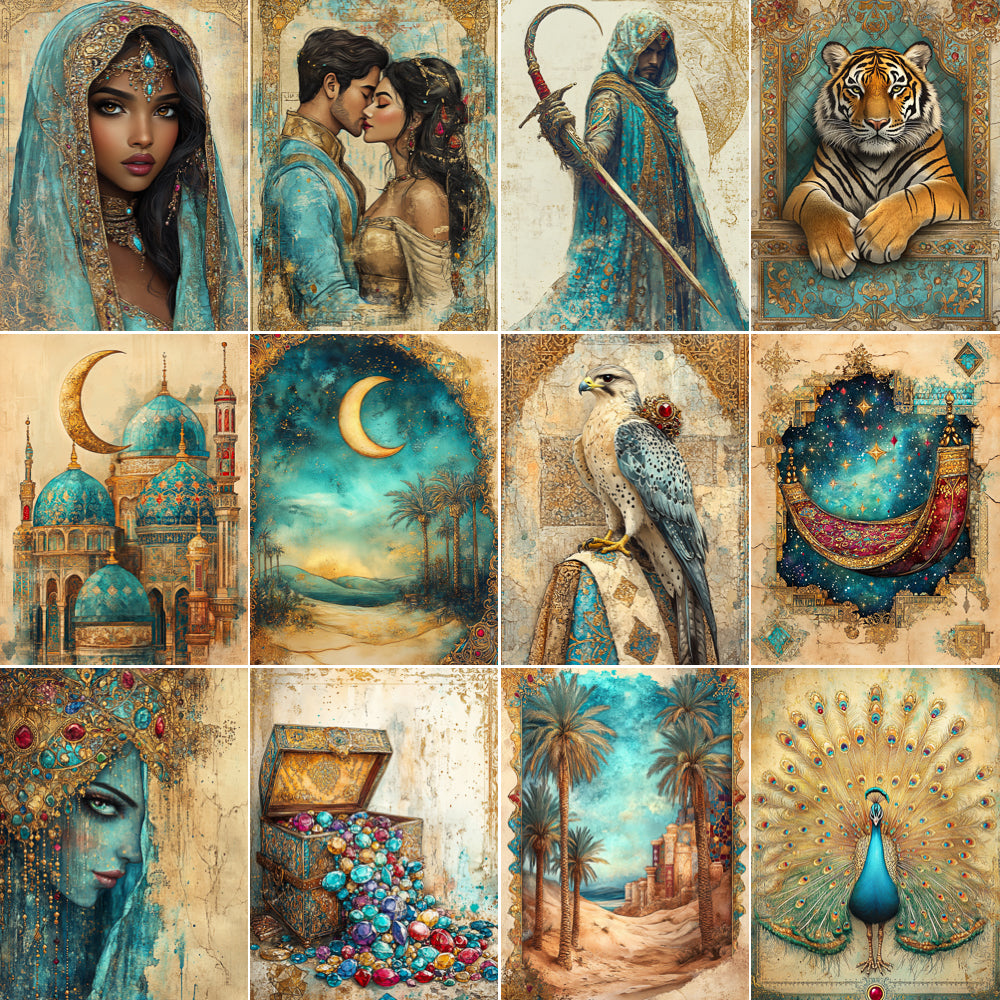 Collage of artistic illustrations featuring various elements like a woman in a headscarf, a couple, a warrior with a sword, a tiger, architectural structures, a falcon, a treasure chest, palm trees, and a peacock.