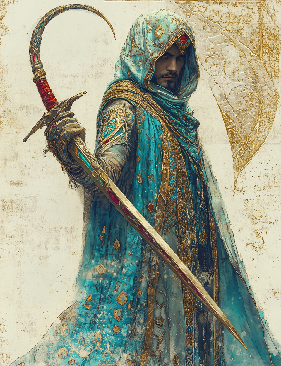 Person in ornate clothing holding a sword against a textured background