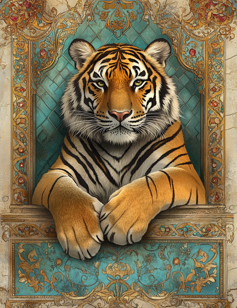 Tiger in a decorative frame with ornate patterns