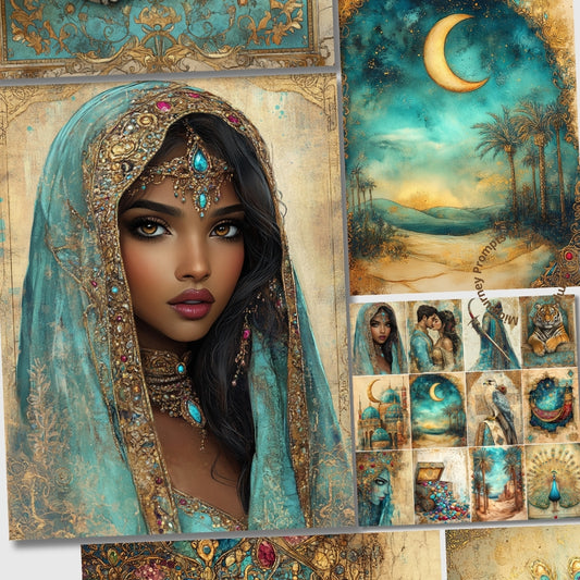 Collage of a woman in traditional attire with decorative elements and scenic background
