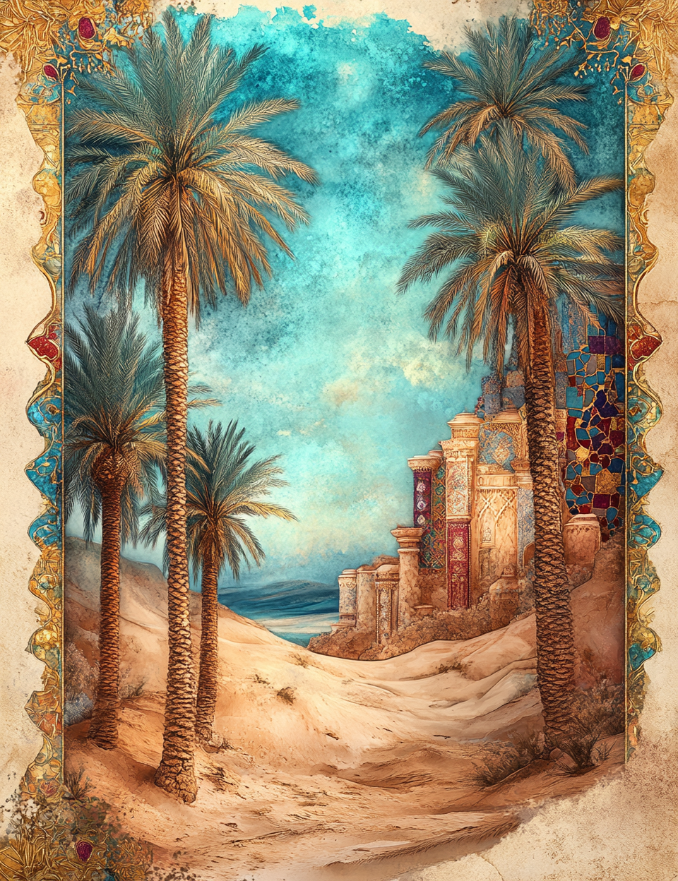 Decorative scene with palm trees and ancient architecture, framed with ornate gold and blue border.