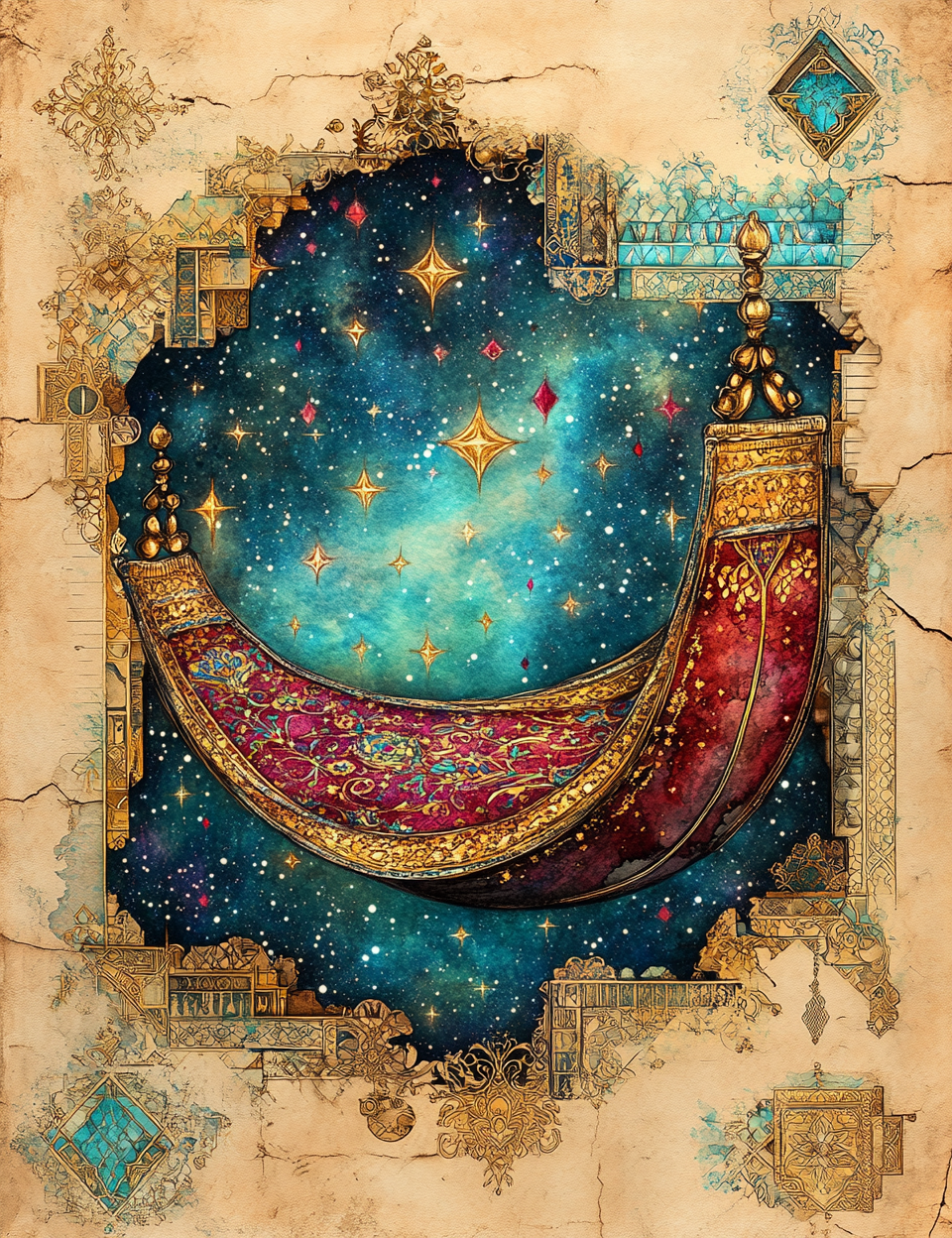 Decorative design with celestial elements and ornate borders on a textured background