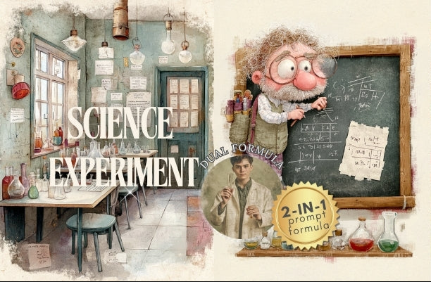 Illustration of a science experiment scene with a scientist, lab equipment, and a chalkboard.