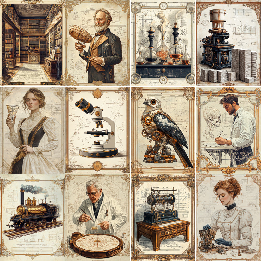 Collage of vintage-style illustrations featuring people, scientific instruments, and machinery.
