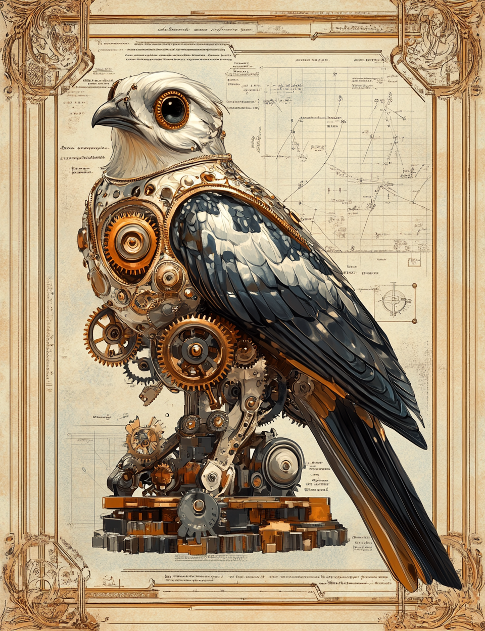 Steampunk-style bird with mechanical components on a technical drawing background