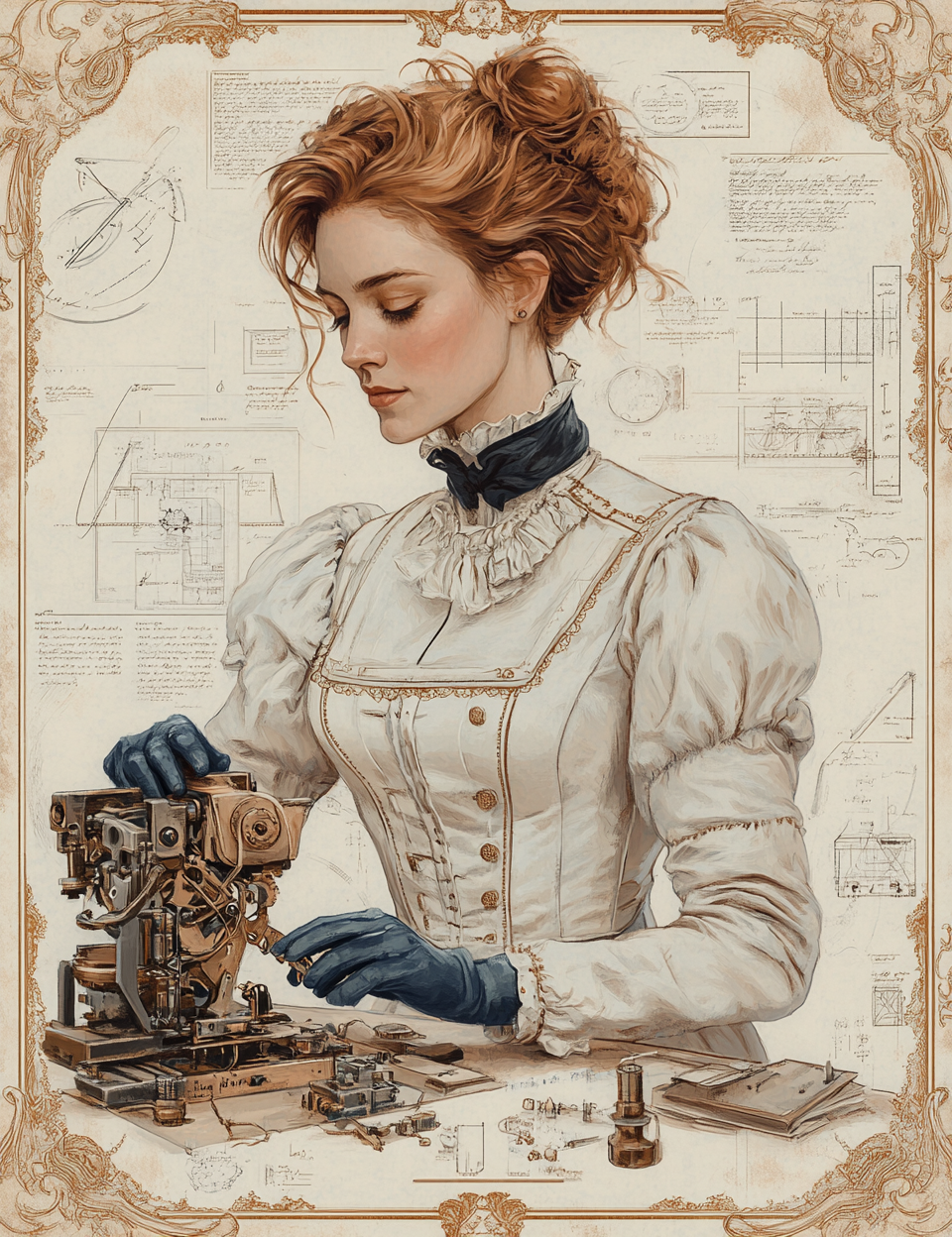 Woman working on a mechanical device with technical drawings in the background