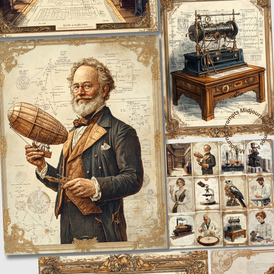 Collage of a man with a hot air balloon model, vintage machine, and historical images.
