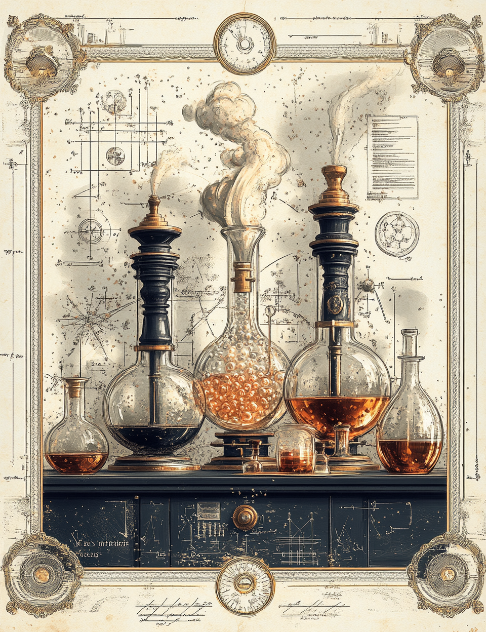 Vintage-style illustration of scientific apparatus with beakers and a clock on a technical drawing background.