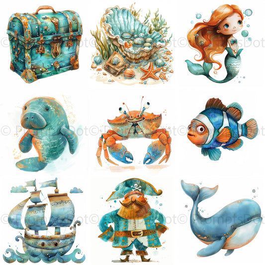 Sea Animals Underwater Watercolors