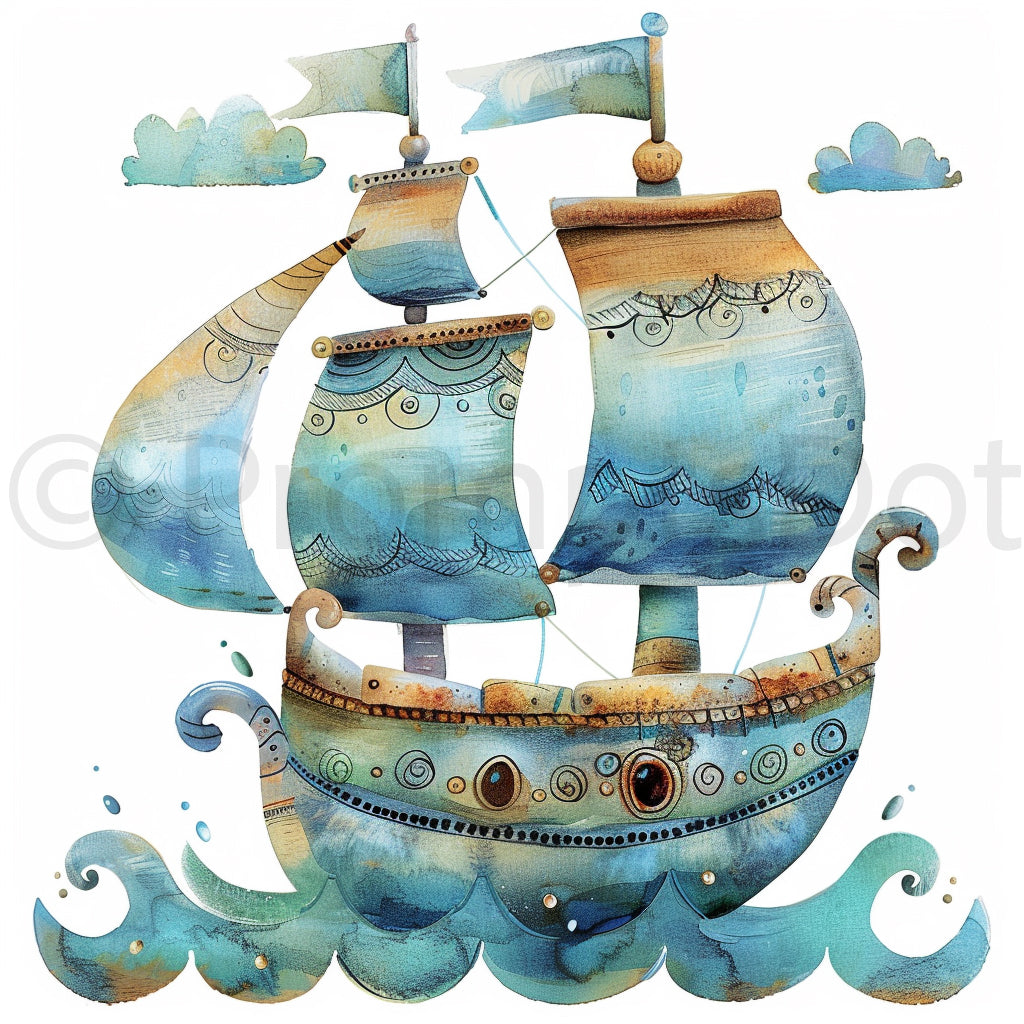 a cute ship Sea Animals Underwater Watercolors