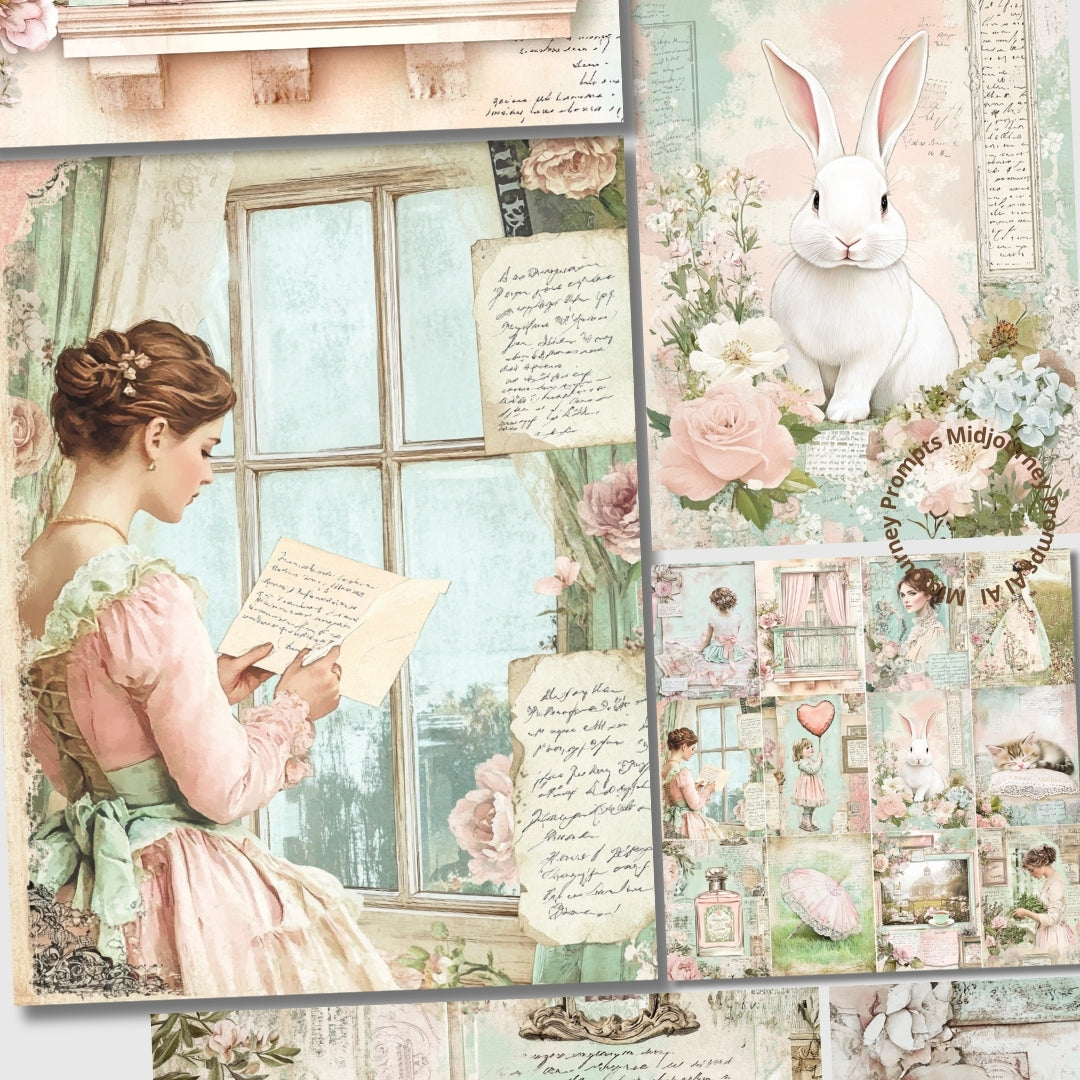 Midjourney V 6.1 Prompts for Shabby Chic Birds Roses Junk Journal